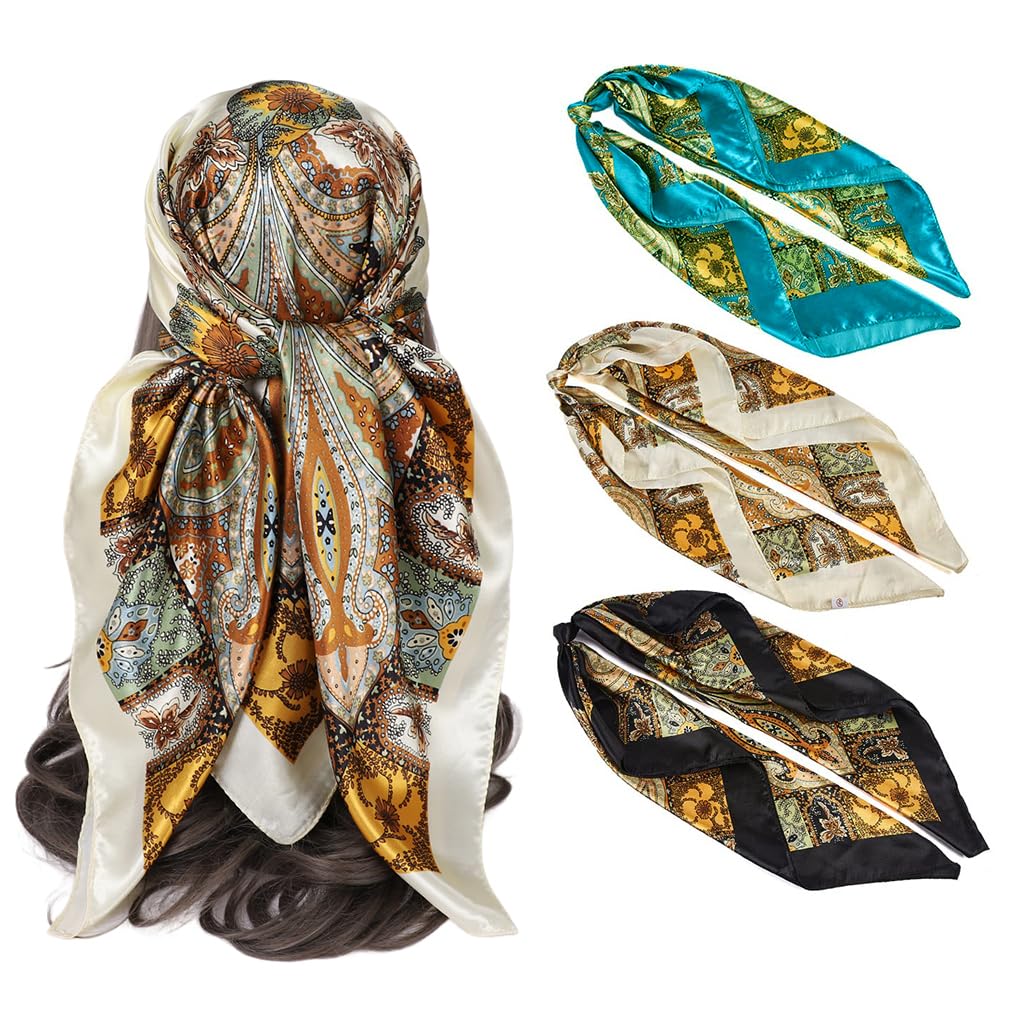 PALAY 3Pcs Silk Scarf Satin Head Scarf for Women Summer Wear Square 35 In Neck Scarf Fashion Print Hair Scarf for Women Comfy Silk-Feel Beach Headwraps Pillow Cover Gift for Women PALAY 3Pcs Silk Scarf Satin Head Scarf for Women Summer Wear Square 35 In Neck Scarf Fashion Print Hair Scarf for Women Comfy Silk-Feel Beach Headwraps Pillow Cover Gift for Women